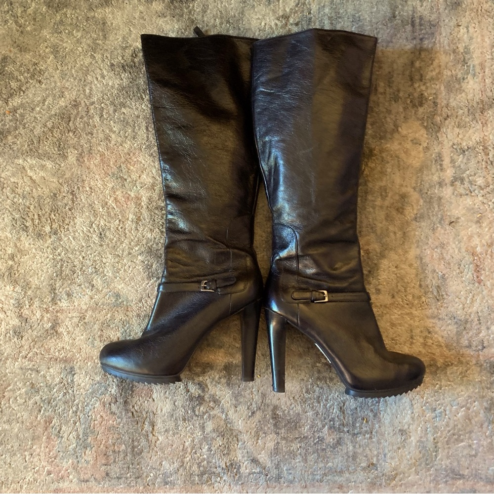 Women’s Real Leather Black Knee High Zip Boots Stiletto Heels Nine West Size 8